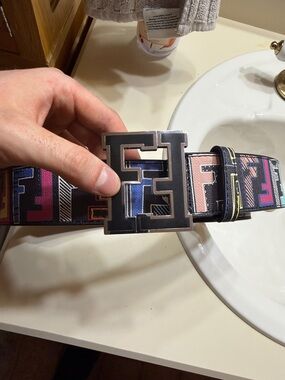 FENDI Logo Belt 44” FF Buckle Multicolor All Over Print Logo Colorful AOP